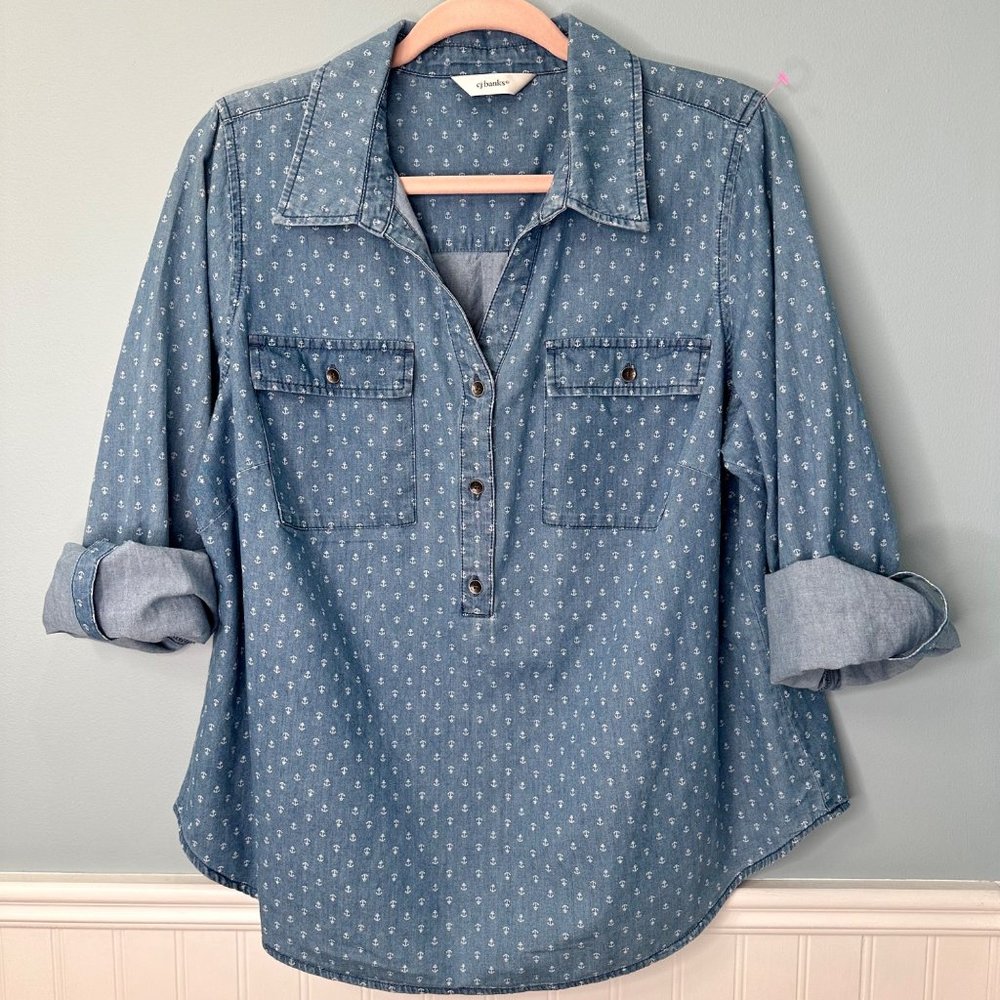 CJ Banks Y2K Denim Long Sleeve Tunic‎ Anchors Size Large Soft Cotton